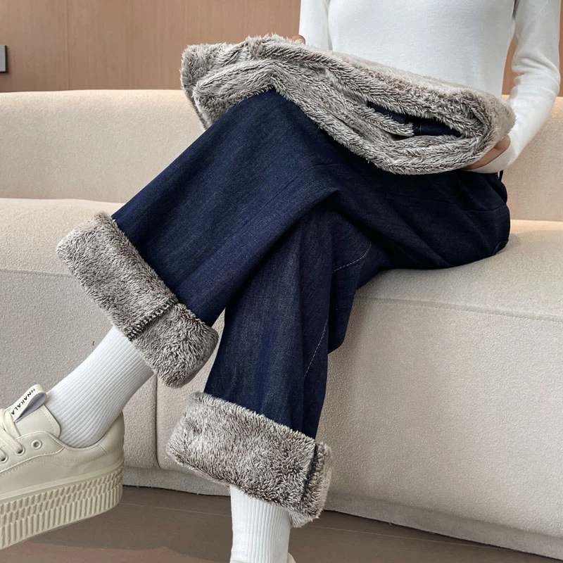 深蓝色特厚羊羔绒牛仔裤女秋冬2024新款高腰大码加绒直筒阔腿裤子