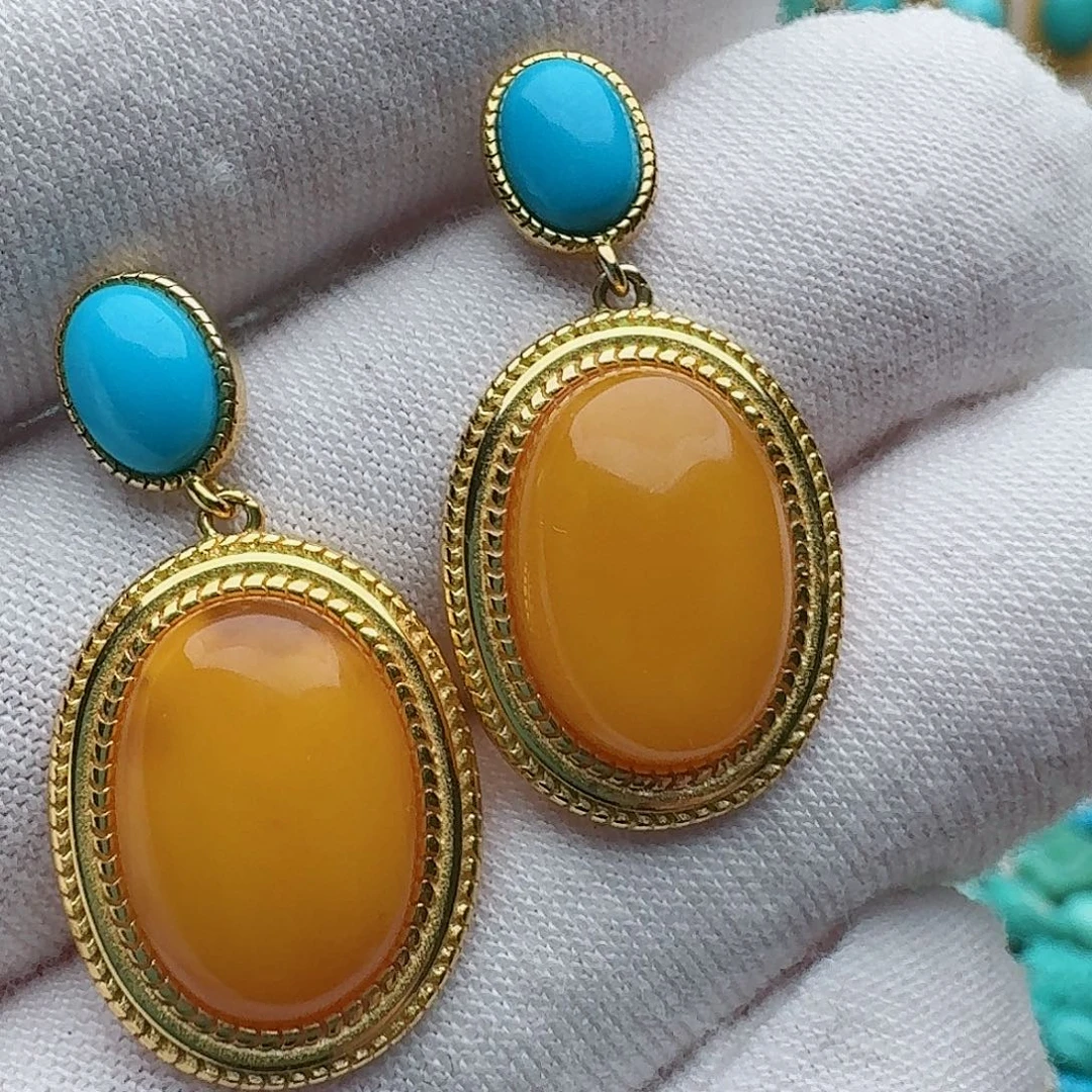 绿松石银S925镶嵌耳饰