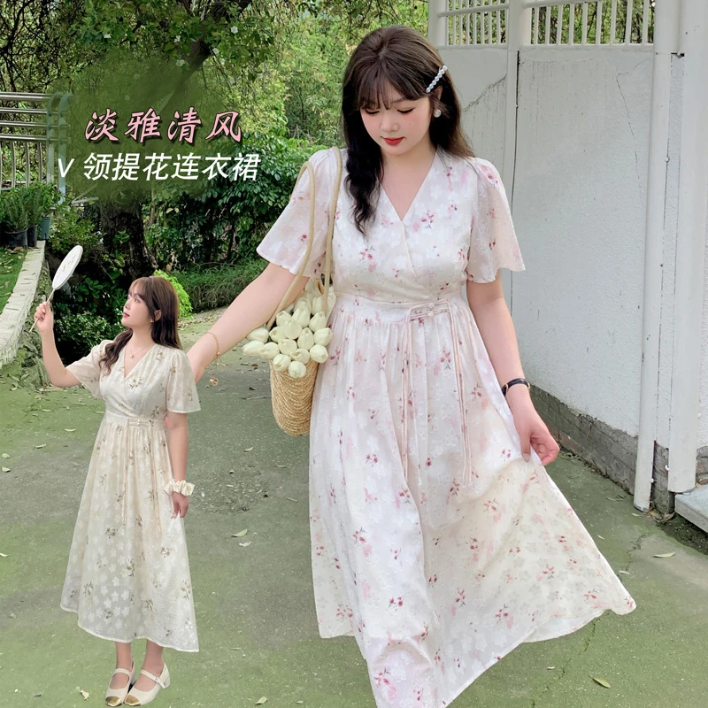 【断码捡漏】2711大码女装国风淡雅领印花长款连衣裙