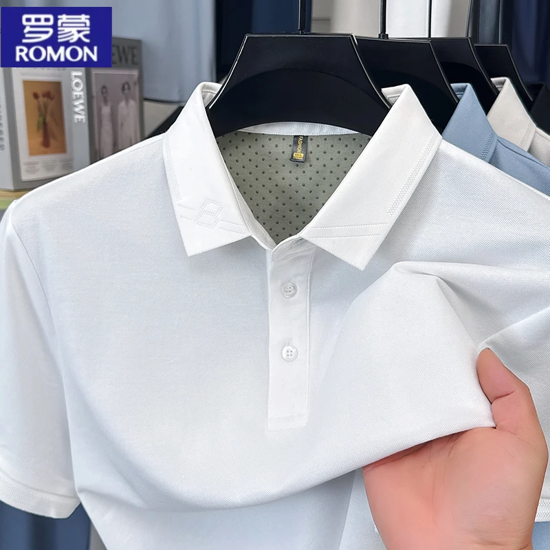 罗蒙纯色POLO衫男短袖夏季2025新款商务休闲桑蚕丝翻领T恤半袖黑