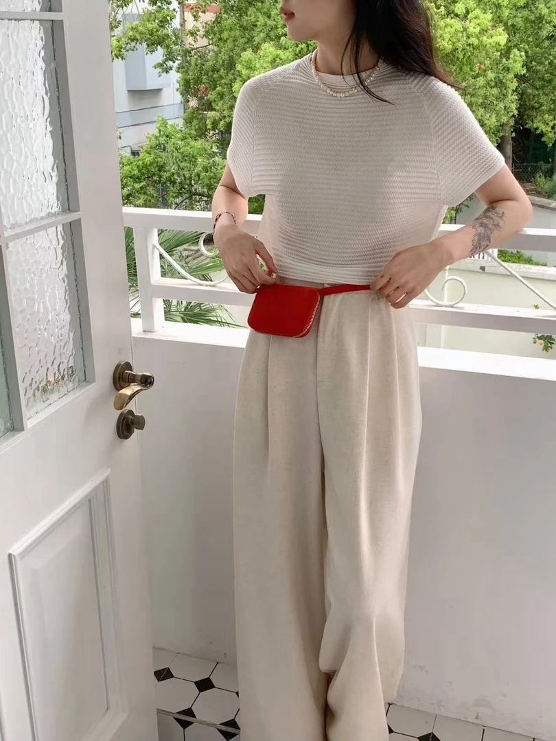 通勤风毛衣短袖常规气质设计师毛针织衫休闲褶皱纯色2659