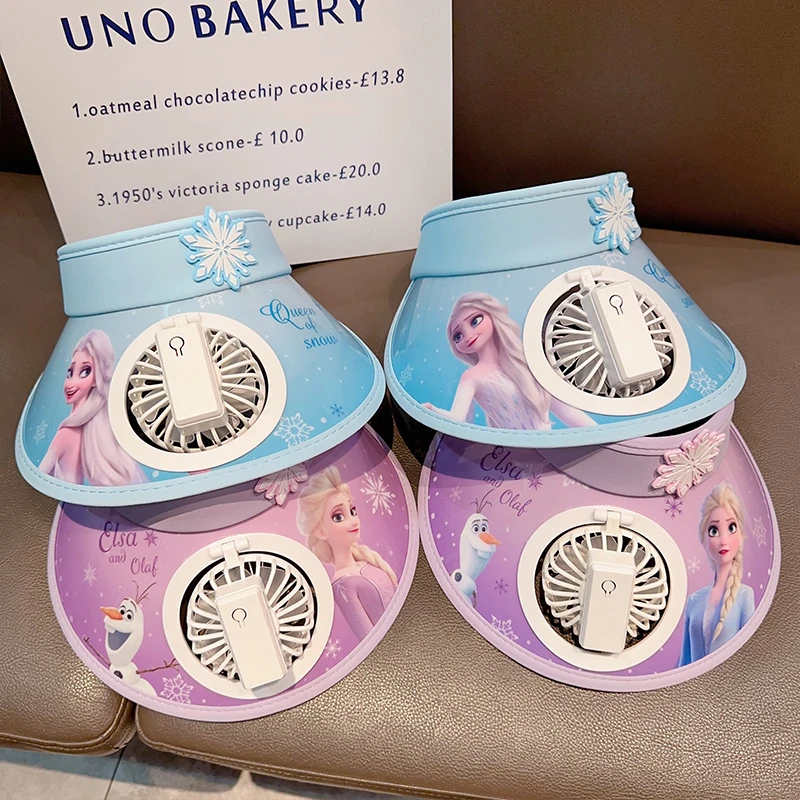 正版艾莎公主夏季儿童防晒遮阳风扇帽可爱卡通空顶帽三档风速调节