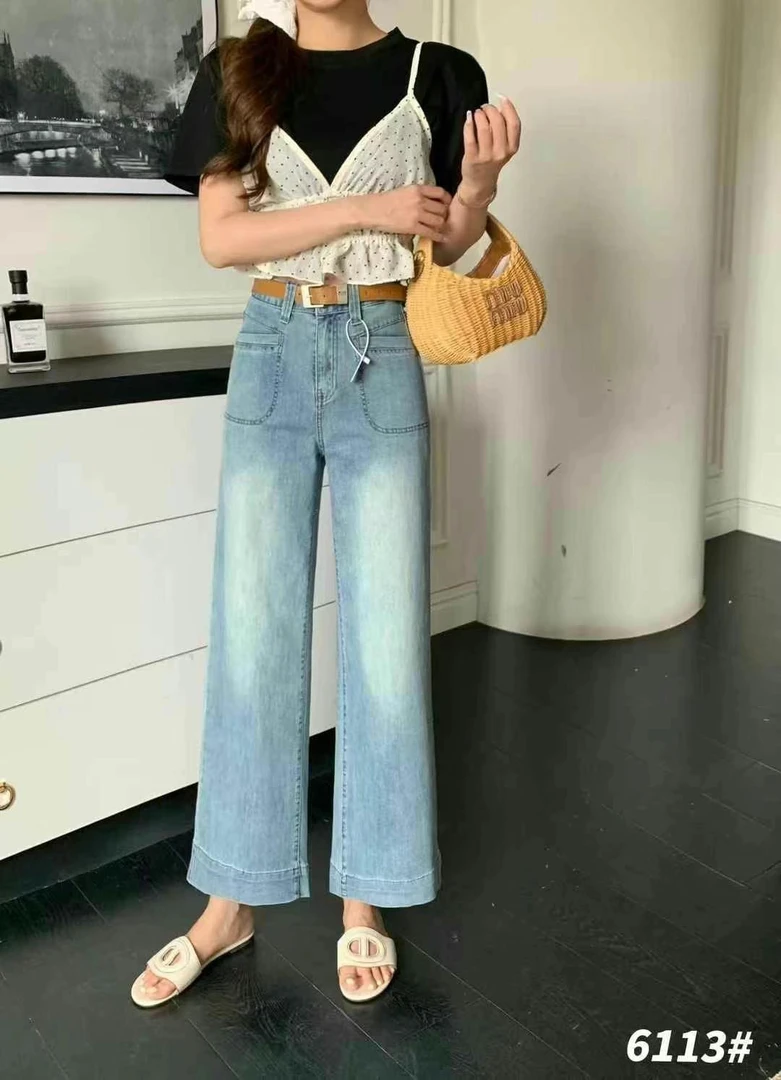 薄款九分阔腿裤复古蓝水洗牛仔裤高弹高腰舒适裤子