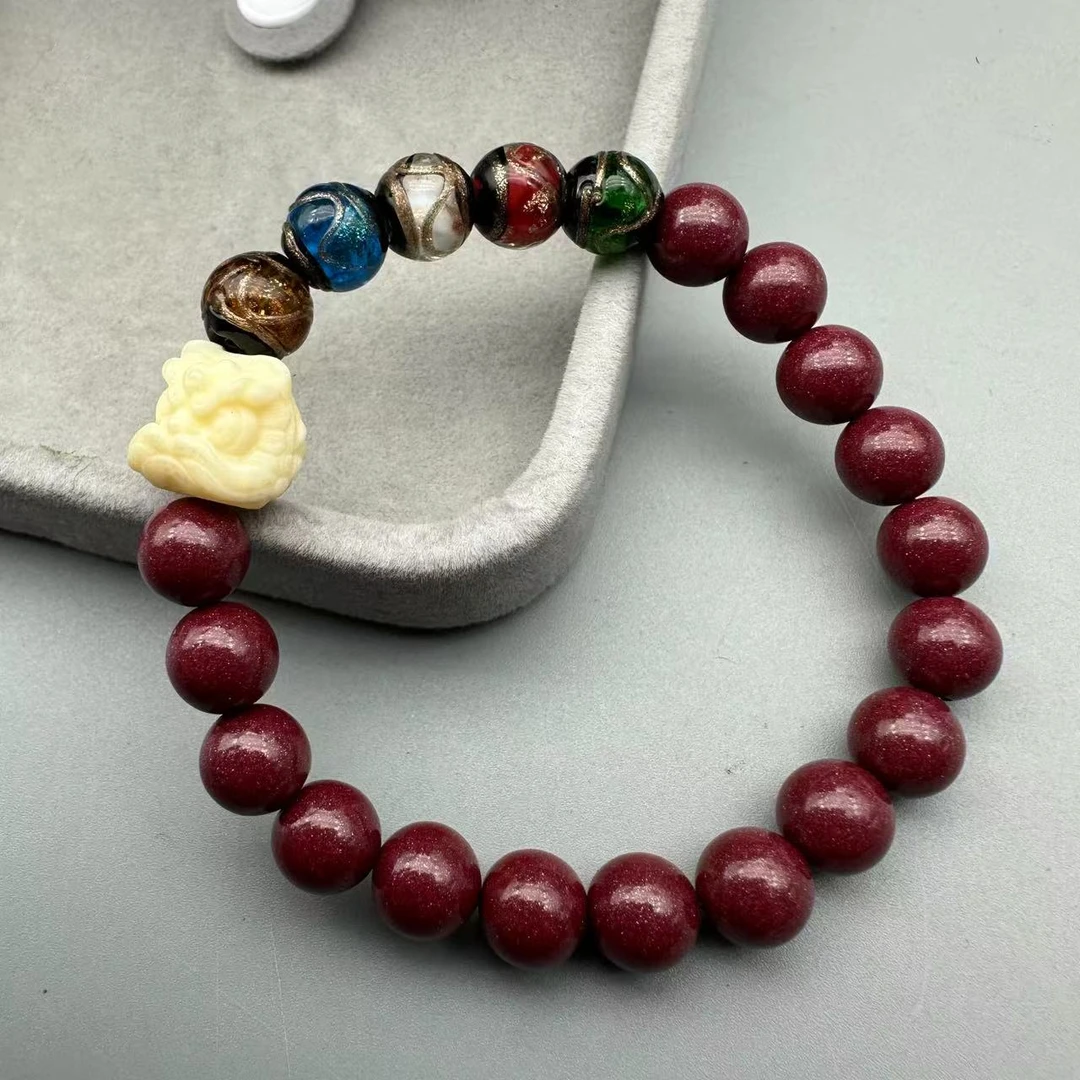 含辰砂工艺品GS272-经典紫金8mm配琉璃珠配醒狮单圈手串