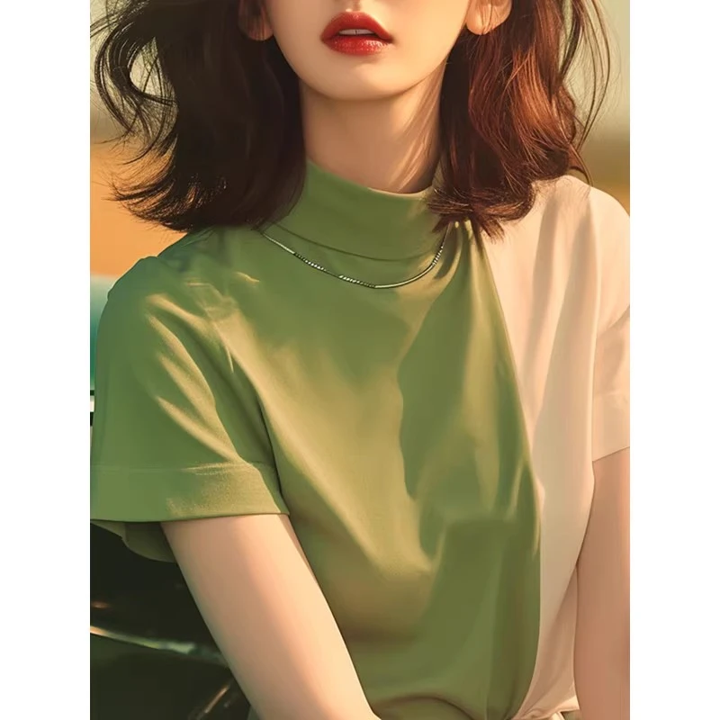 纯色短袖拼色薄荷曼波夏季半高领修身时尚速干半袖T恤洋气