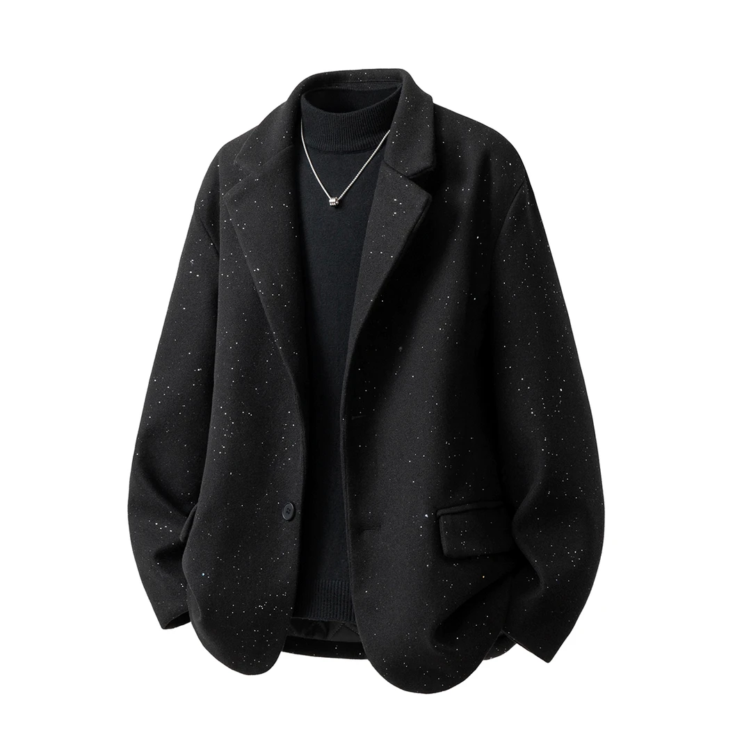 毛呢大衣秋冬新款满天星西服男时尚痞帅西装休闲夹克外套女黑色