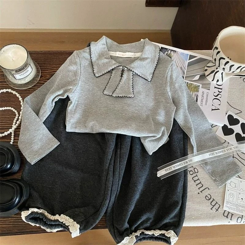 童装韩版2025新款春季女童蝴蝶结翻领T恤女宝宝洋气灯笼裤两件套