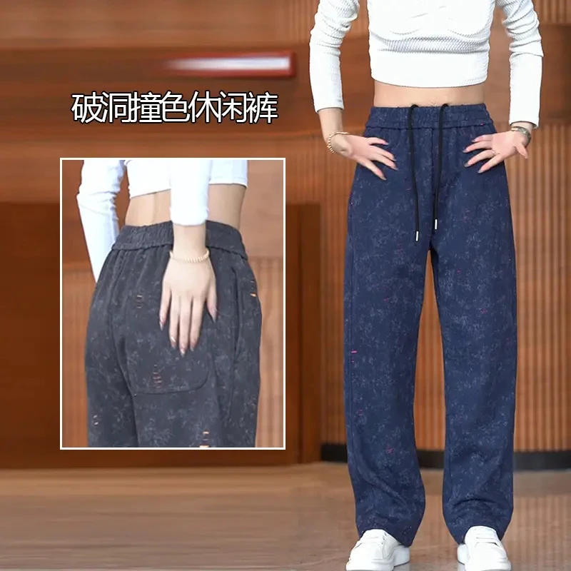 美式重磅休闲裤男宽松复古做旧阔腿裤垂感百搭撞色小众设计直筒裤