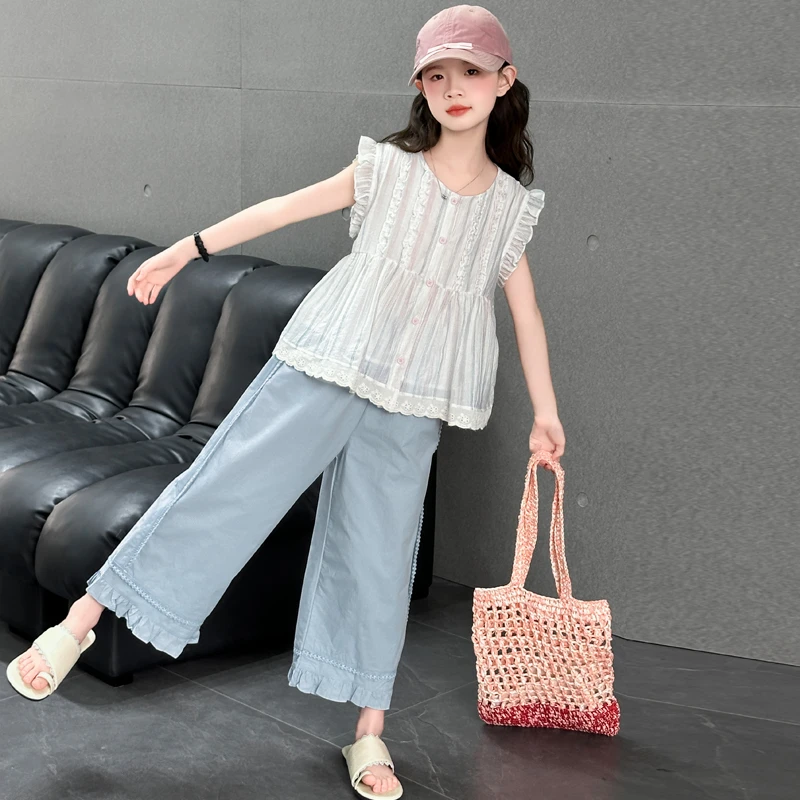 女童韩版夏季套装2025儿童新款洋气森系薄款衬衫花边休闲裤两件套