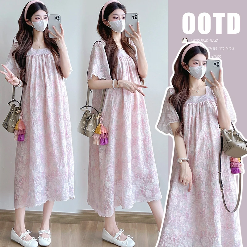 孕妇2025夏法式温柔风宽松遮肚显瘦甜美彩印蕾丝孕妇连衣裙-6620