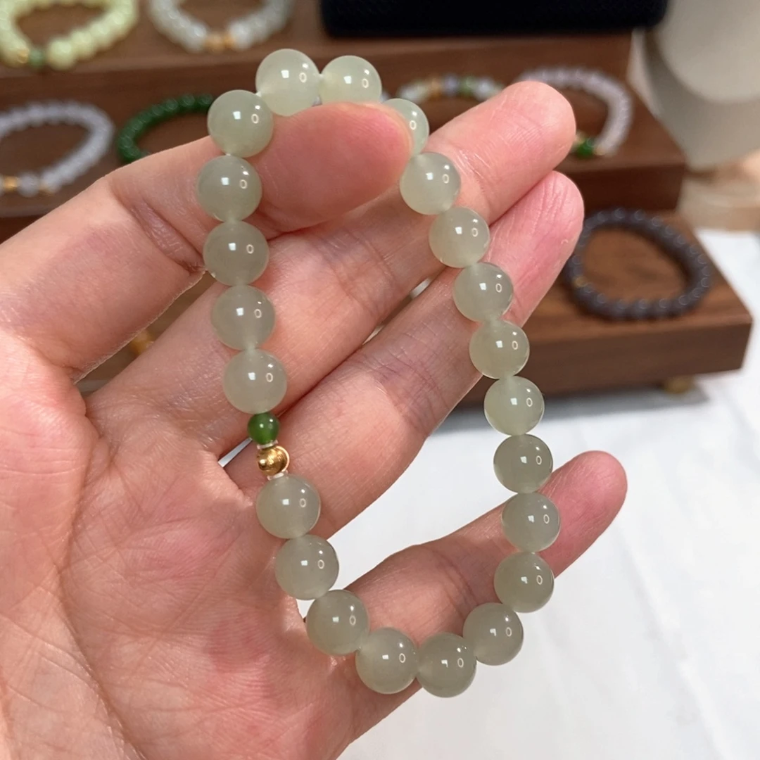 手链18K金镶嵌和田玉8mm茶晴