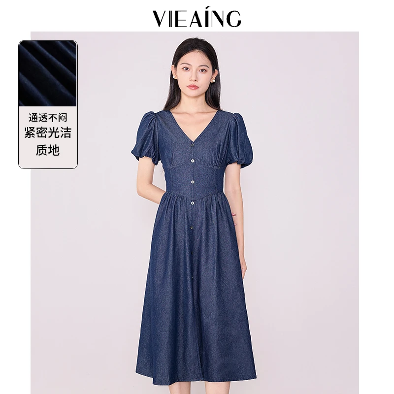VIEA.ING薇迎泡泡袖连衣裙女2025夏季新款V领收腰短袖裙子中长裙