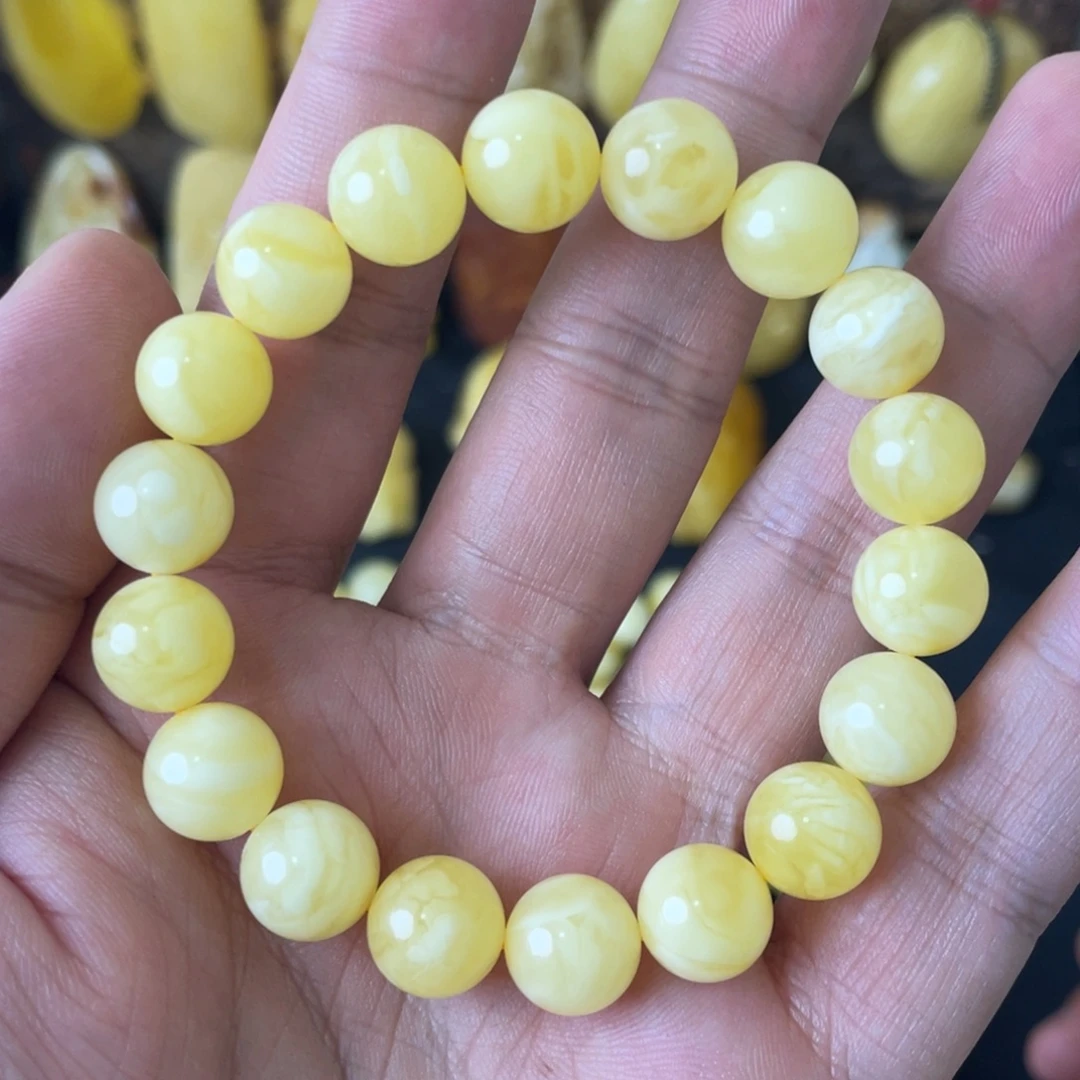 琥珀未镶嵌手串10+俄料黄白花蜡圆珠手串
