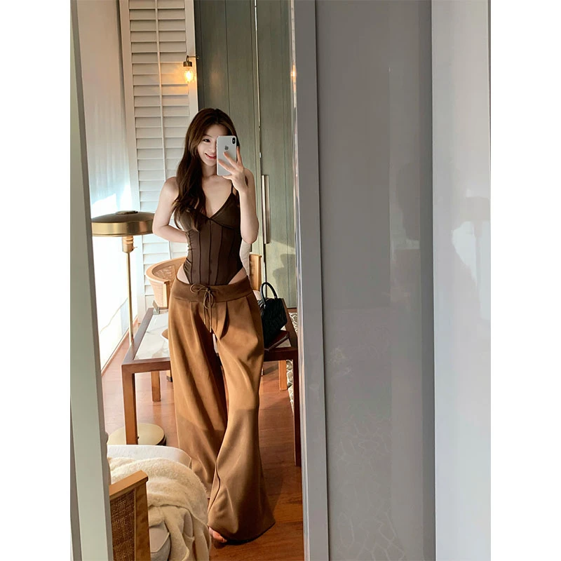 2025韩版时尚设计感辣妹风修身显瘦百搭时尚上衣休闲阔腿长裤套装