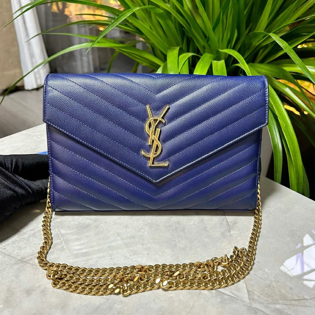 95新 YSL/圣罗兰 蓝色鱼子酱金扣Woc链条包