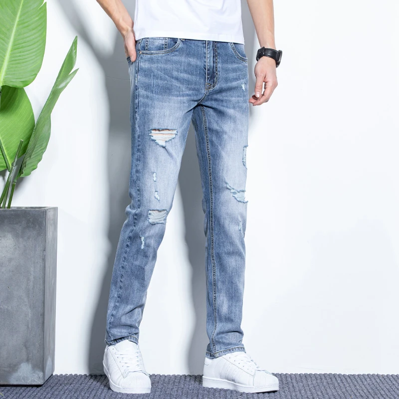 高级裤子男款夏季破洞修身时尚休闲浅色薄款男士弹力直筒牛仔裤