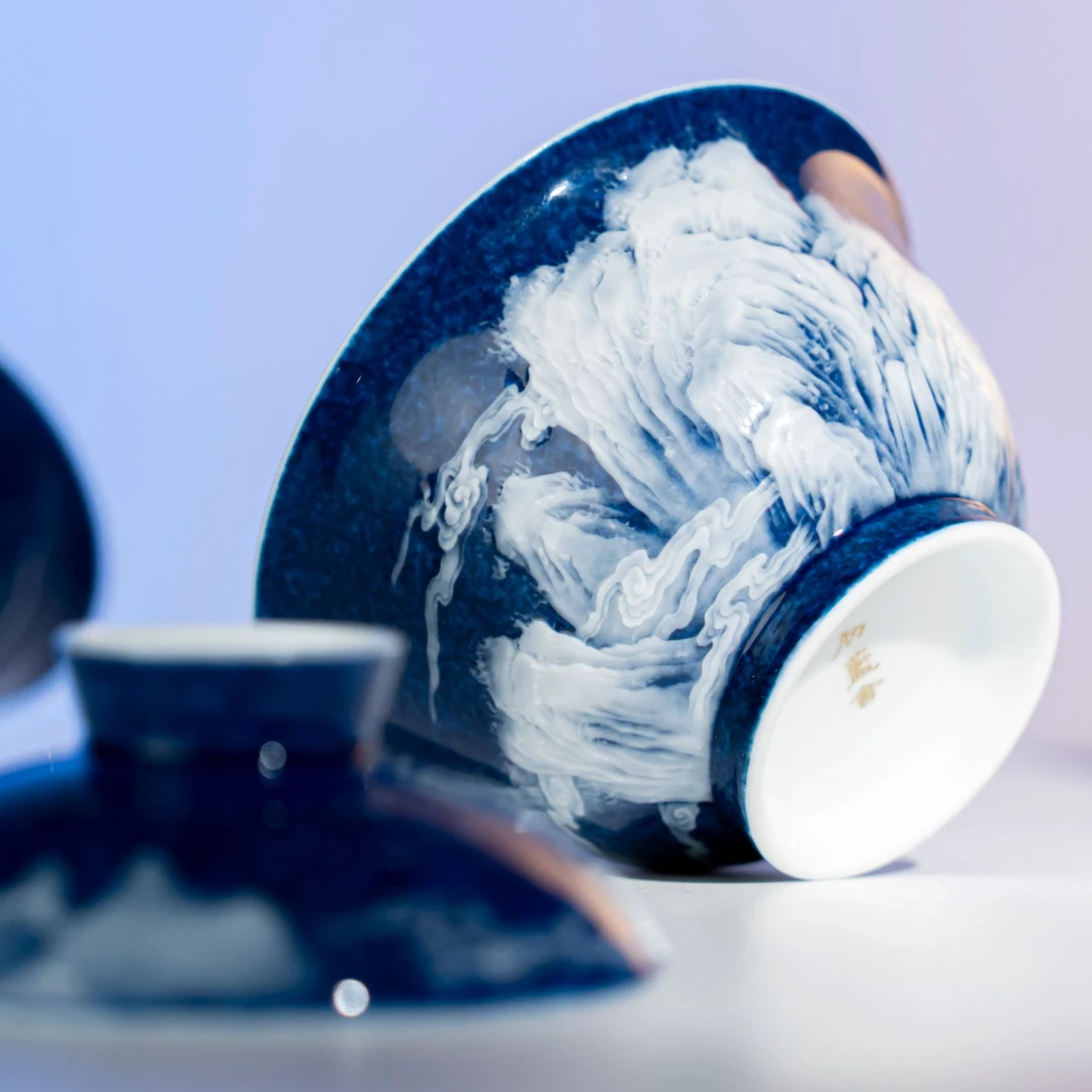 【墨舍名窑】初蓝舍洒蓝溪山行旅图盖碗  cls670  陶瓷