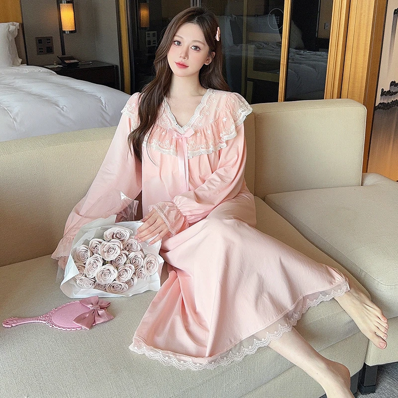 女士带胸垫纯棉睡衣春秋长袖睡裙女高级感公主风家居服长款可外穿