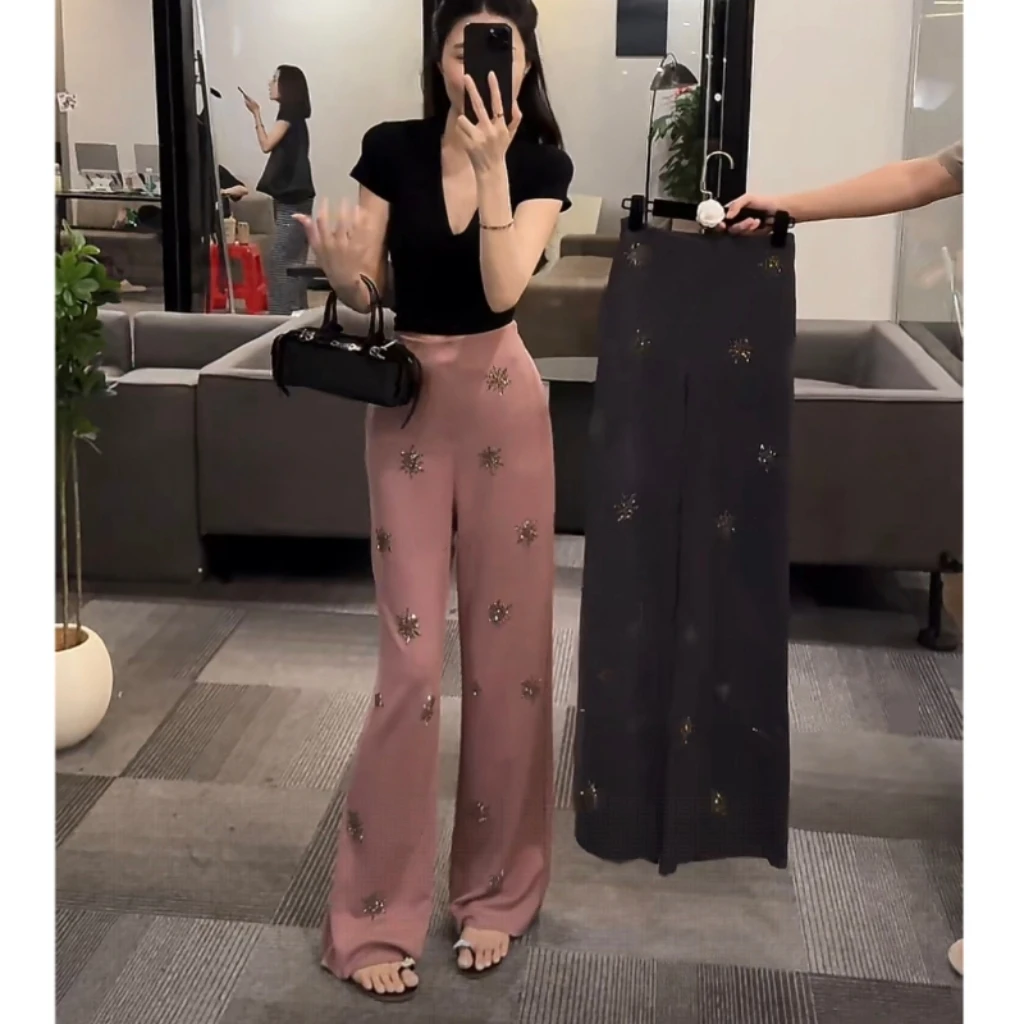 重工烫钻韩风宽松阔腿裤子夏季新款设计感百搭宽松长裤子