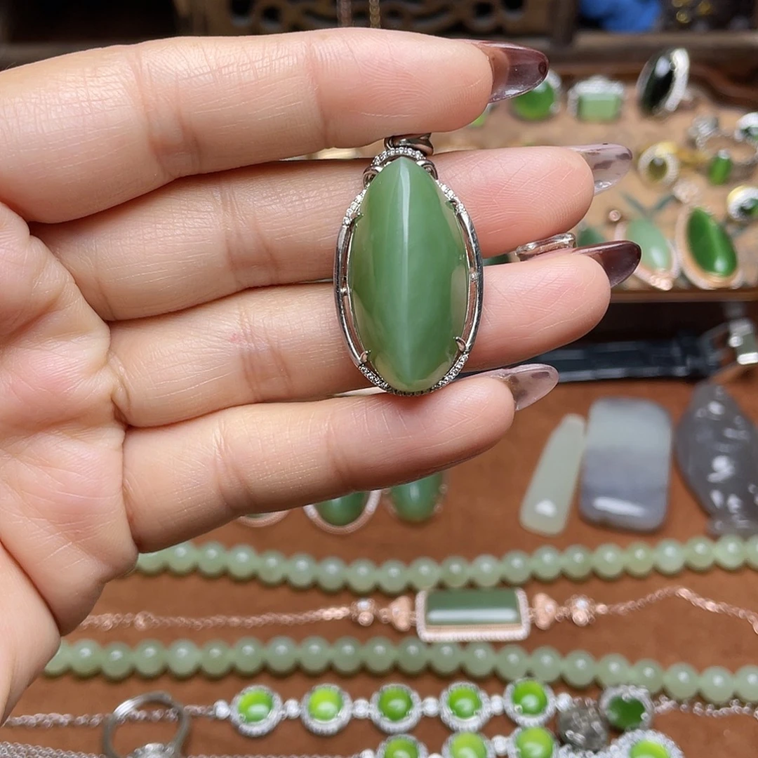 和田玉（碧玉）银S925镶嵌吊坠(不含链)吊坠