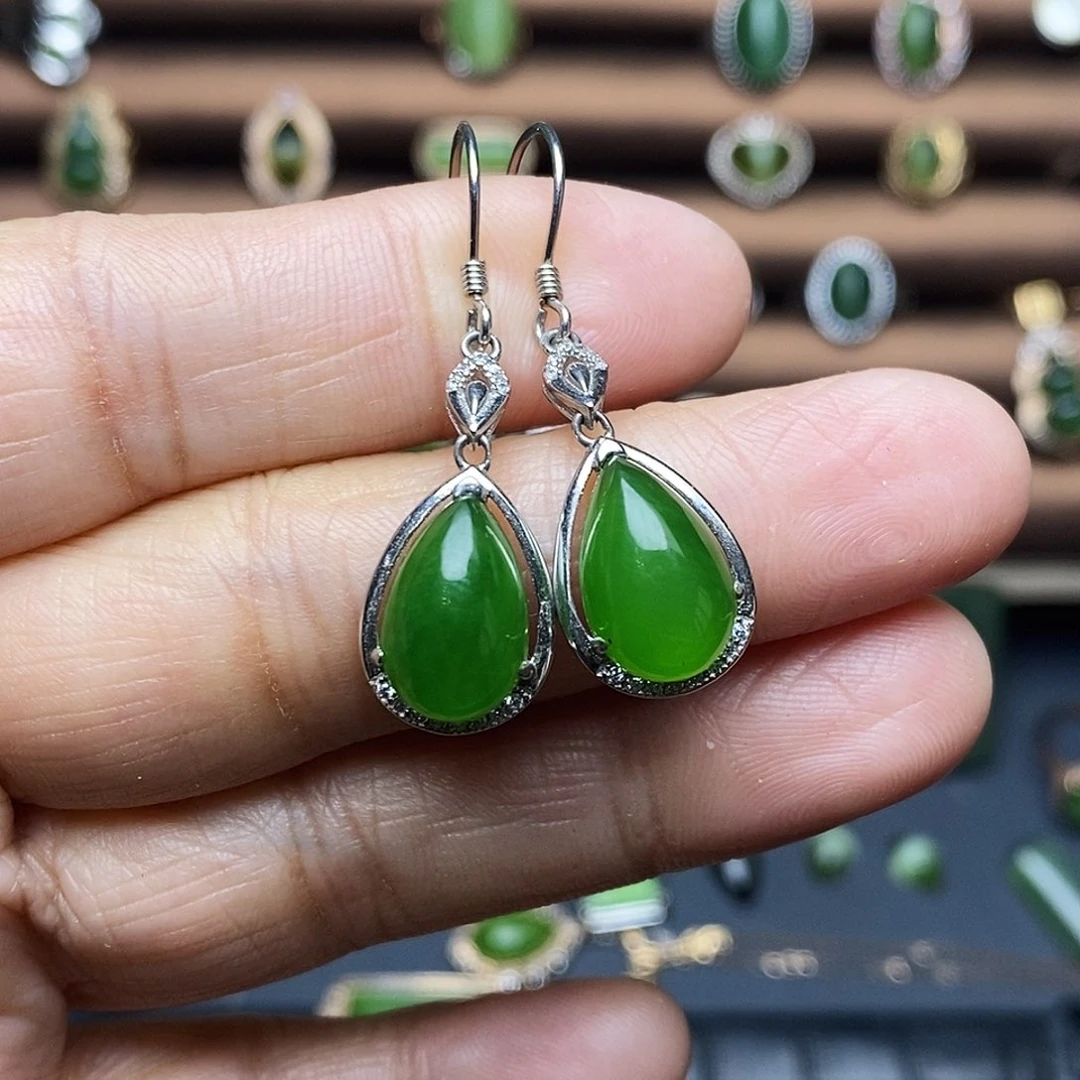 吊坠(不含链)银S925镶嵌和田玉（碧玉）耳饰