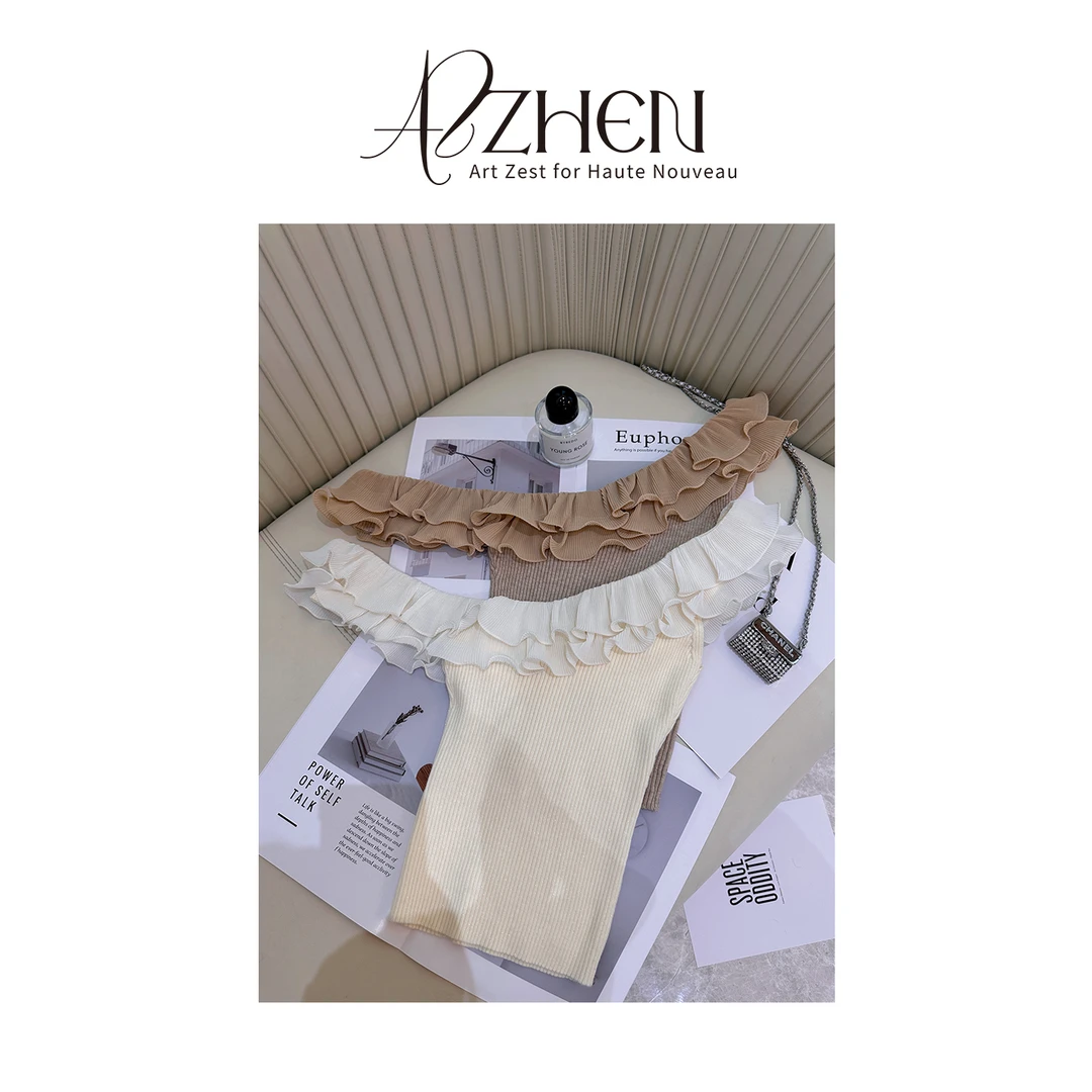 AZZHEN【花影悦动】木耳边斜肩条纹夏季韩版蕾丝针织上衣百搭薄款
