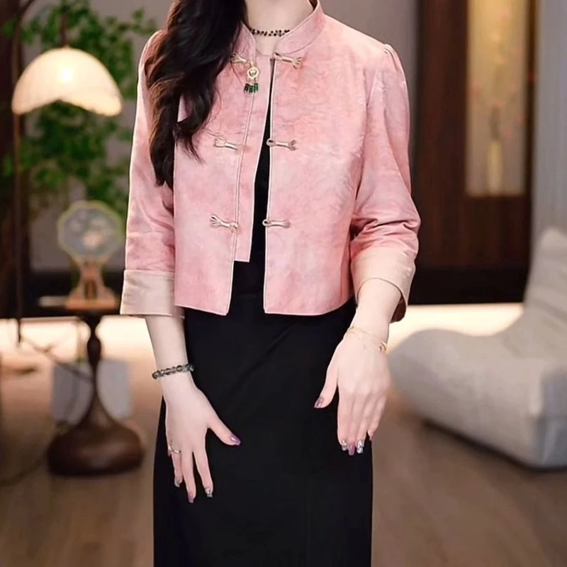 2025春款桃花粉显气色精致缎面质感国风新中式短款外套女