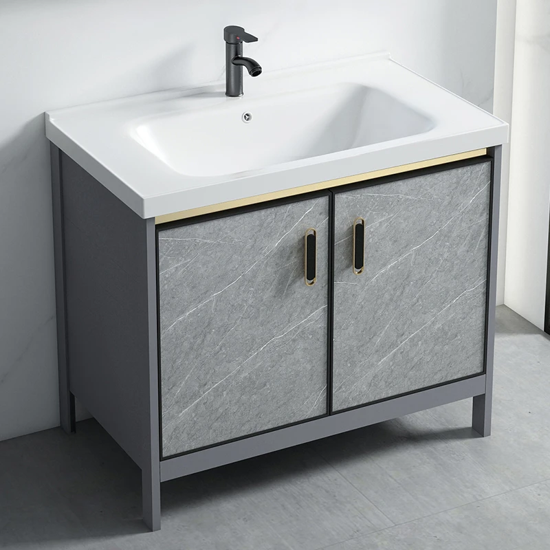 简约卫生间阳台一体洗漱台太空铝落地式浴室柜组合陶瓷一体洗手盆