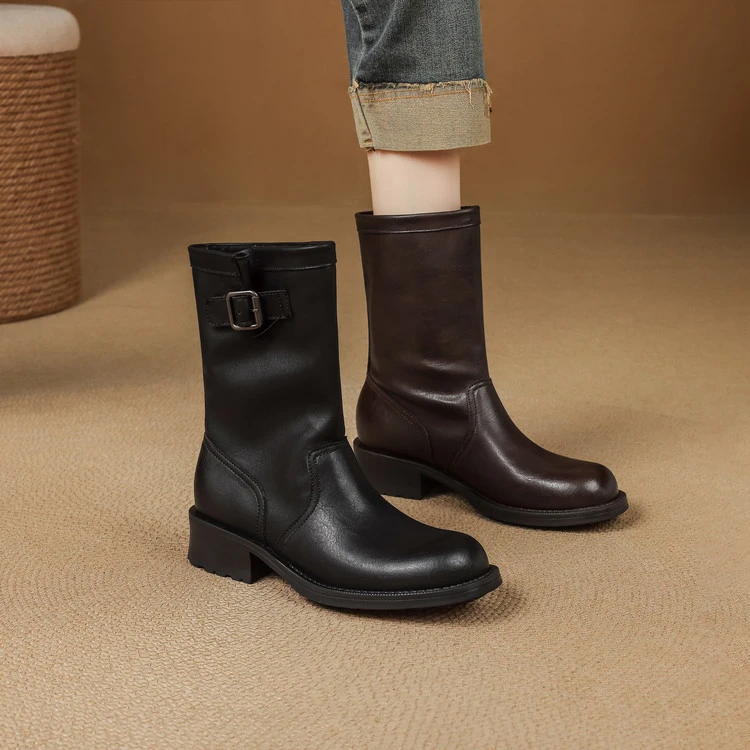 跟高4cm 通勤休闲舒适百搭粗跟骑士靴秋冬韩版简约网红时尚中筒靴