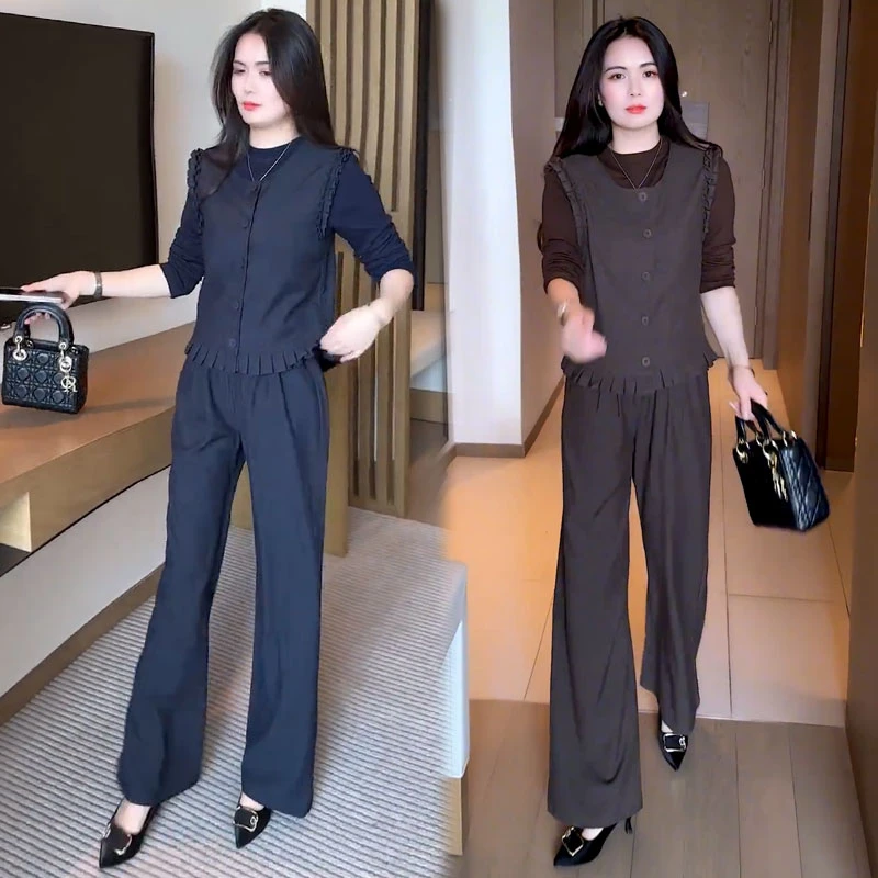 时尚套装女2025秋季新款时髦洋气木耳花边马甲打底衫阔腿裤三件套