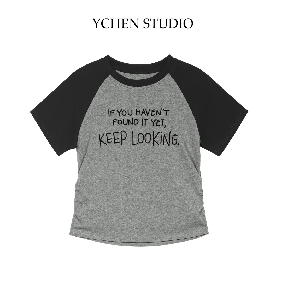 YCS【七度灰】夏季洋气撞色字母短袖T恤设计感褶皱显瘦短上衣TX5527