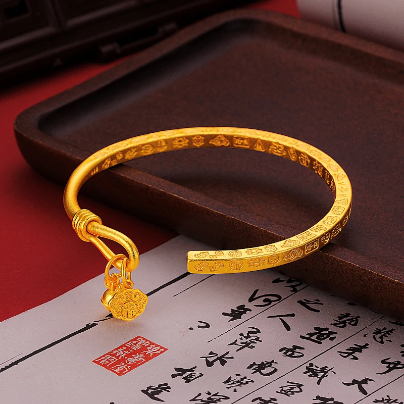 铜合金手镯 精工  古法吉言铃铛福字锁手镯 轻奢百搭可调节