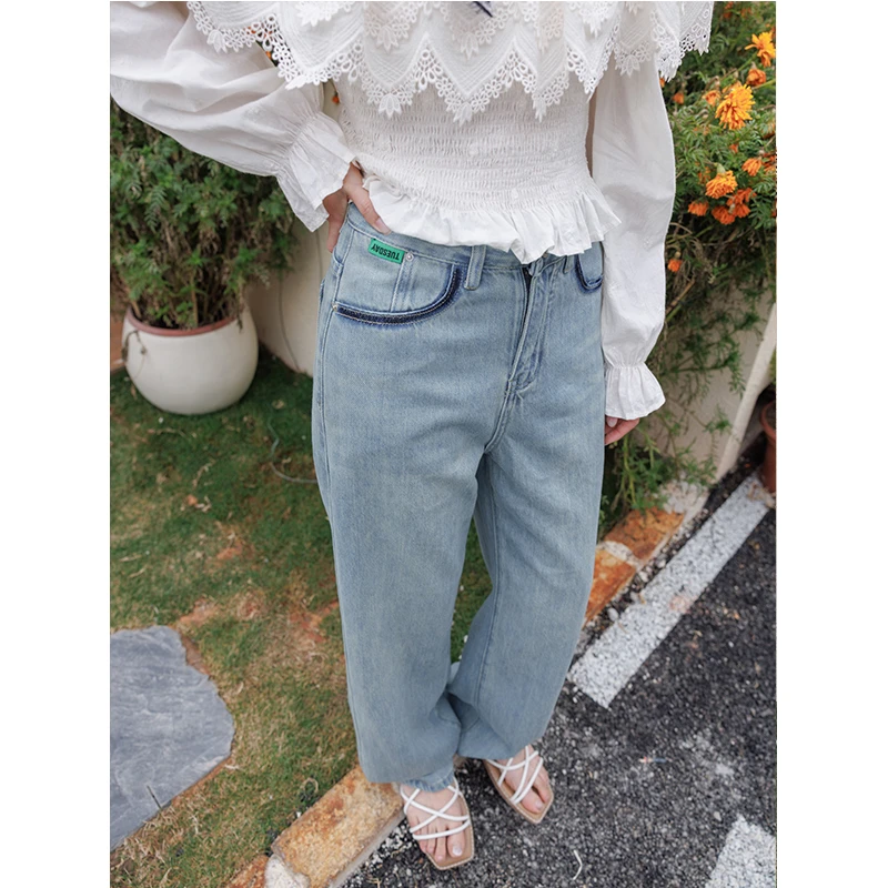 显瘦直筒蓝色阔腿休闲春夏季撞色长裤女宽松高腰牛仔裤
