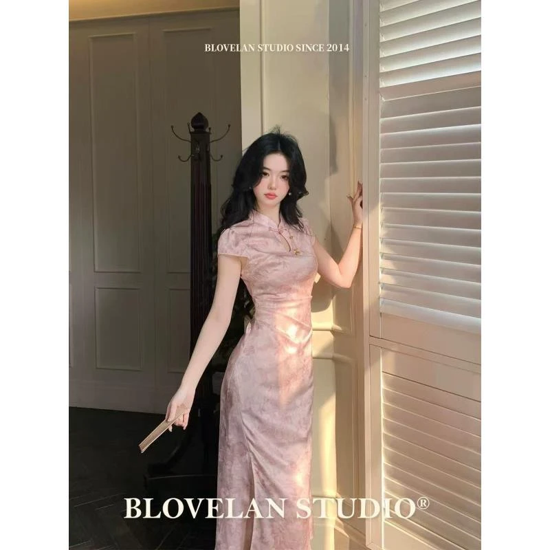 粉笺竹梦  国风小立领提花锻面直角肩新中式改良短袖旗袍连衣裙