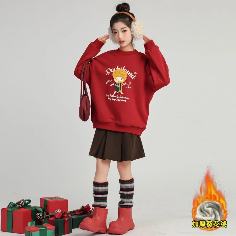 女童秋冬加绒卫衣2025新款儿童红色卡通印花长袖中大童洋气厚绒衫