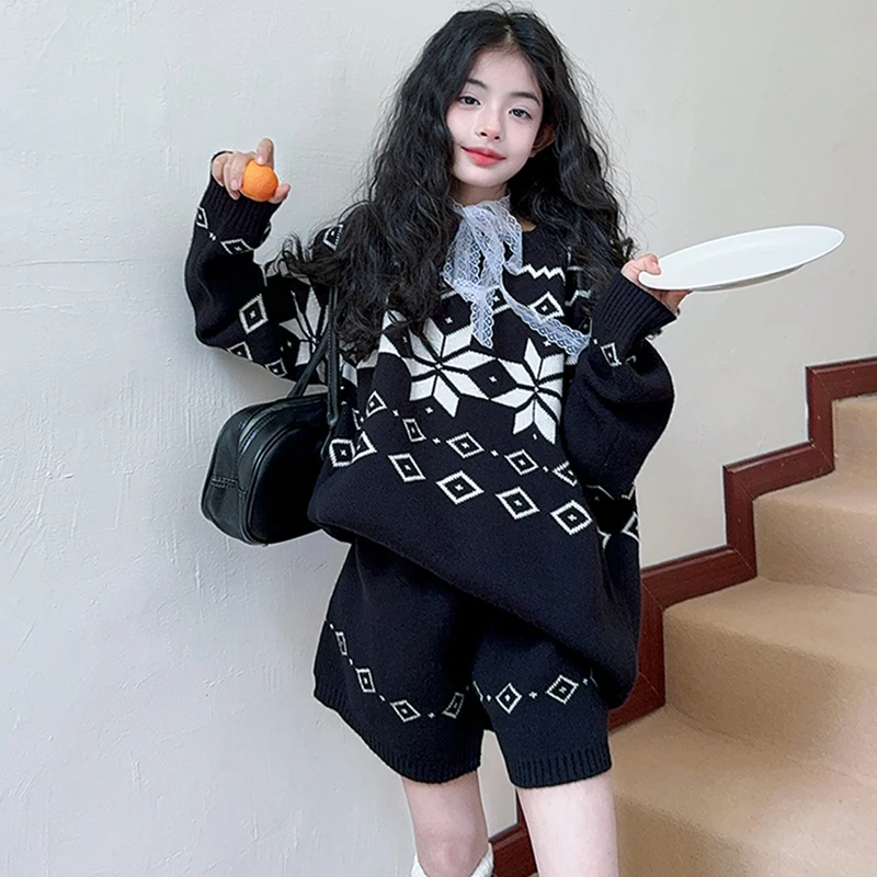 女童费尔岛毛衣套装春秋2025新款撞色提花中大童短裤宽松两件套潮