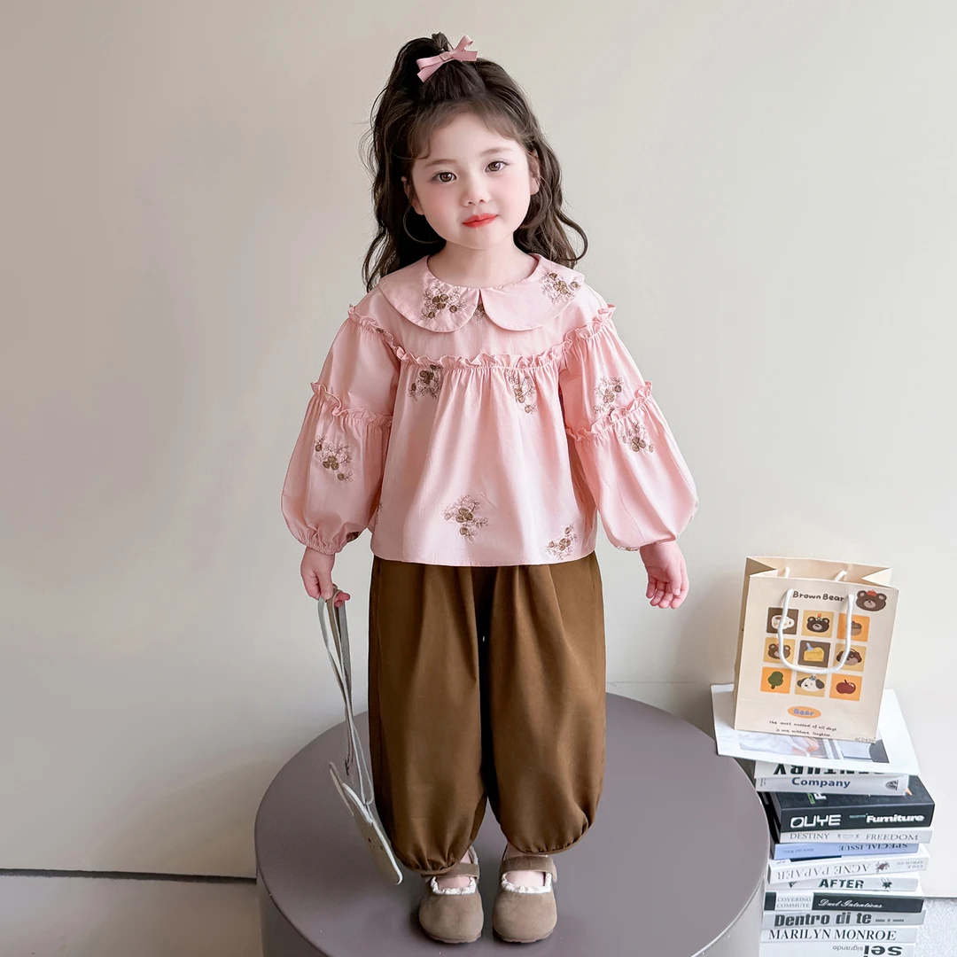 女童套装春秋季2025新款儿童娃娃领衬衫洋气宝宝韩版蝴蝶结两件套