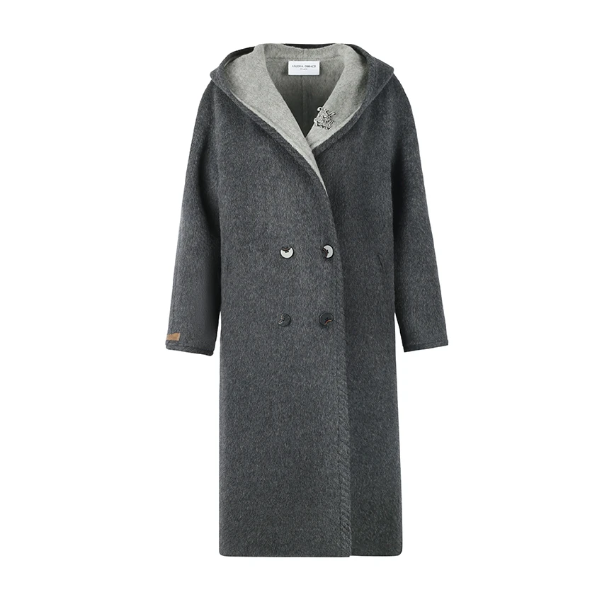 VALERIAOBBACO/瓦莱丽娅 奥贝科时尚灰色牦牛毛长款休闲毛呢大衣