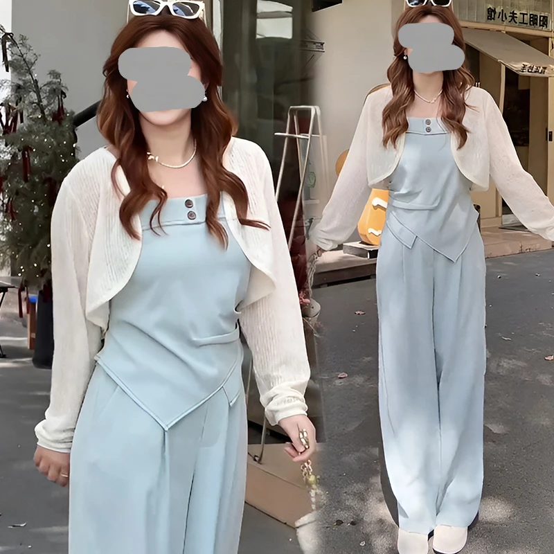 大码女装通勤显瘦时尚套装夏季胖MM百搭纯色开衫吊带休闲裤三件套
