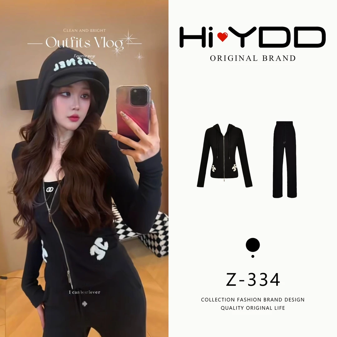 YDD•「Z-334」秋款时尚潮流刺绣小香风长袖连帽休闲垂感套装AZ-9180
