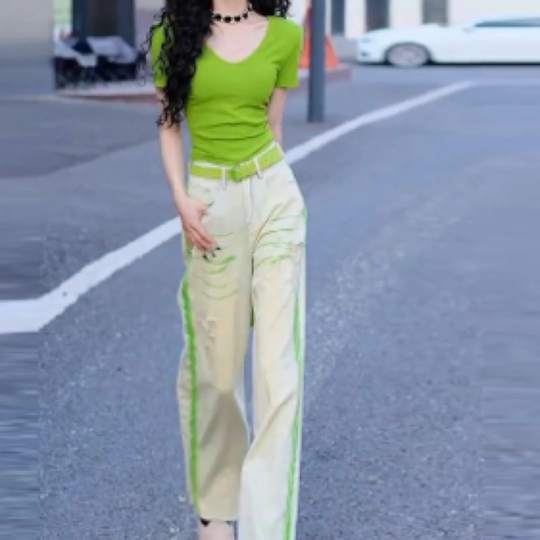 夏款气质百搭显瘦上衣时尚拼接涂鸦破洞直筒裤女装
