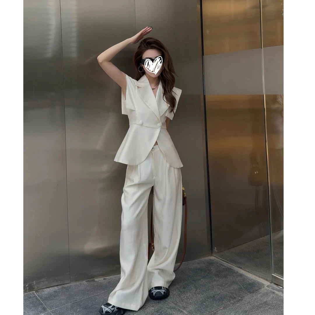 夏季高级感轻奢气场套装薄款设计感修身上衣+阔腿裤显瘦两件套