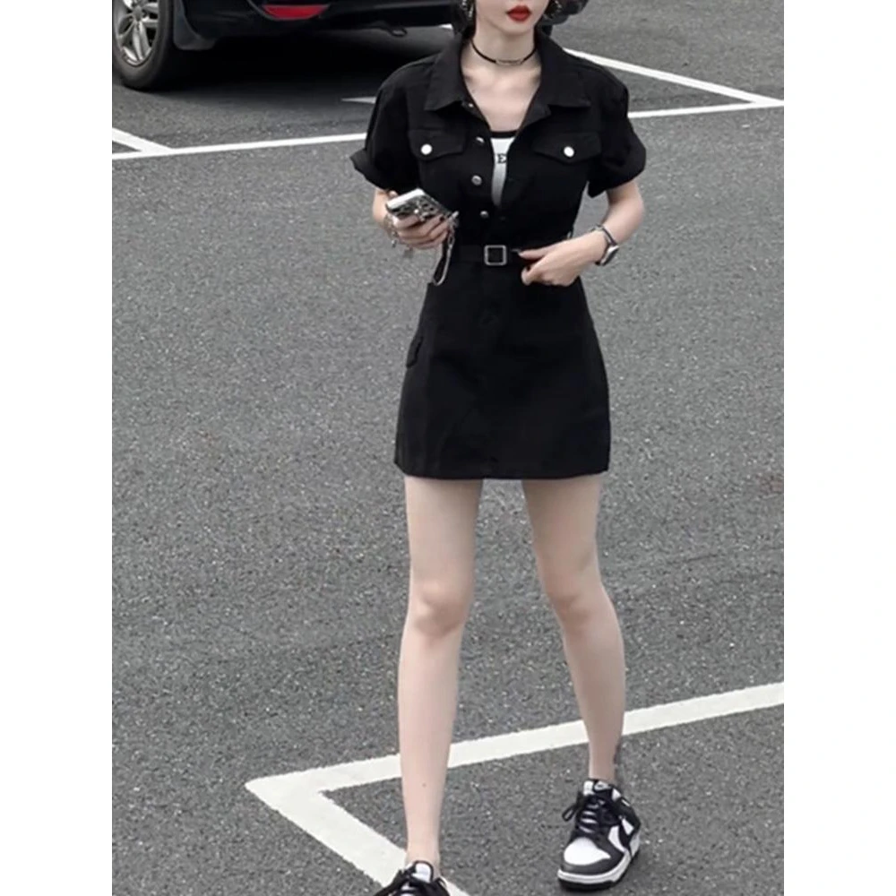 大码胖御姐高级感气质时尚短袖连衣裙设计感夏季女装字短裙子