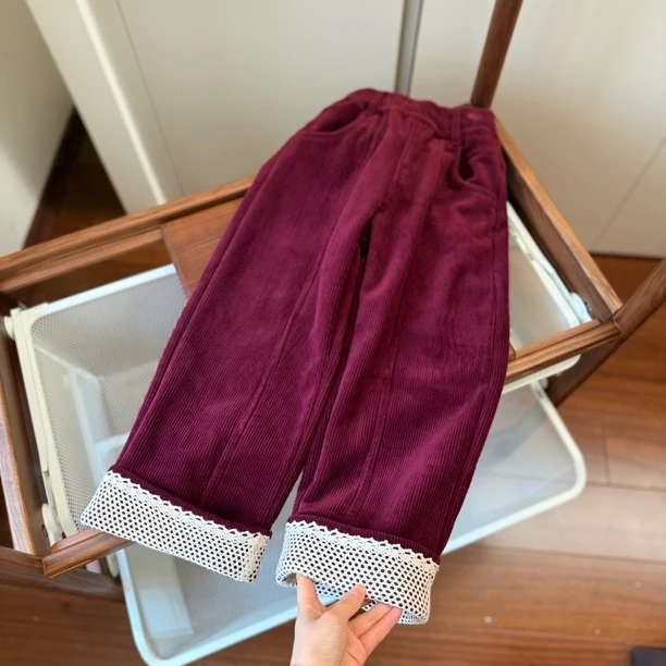 【编号P325】7858-15-儿童镂空花边条绒直筒裤酒红色-GXM