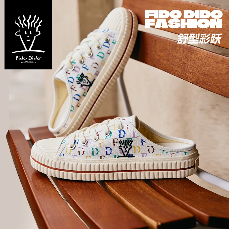 FIDO DIDO满印帆布鞋2025新款夏季时尚外穿透气平底包头半拖女鞋