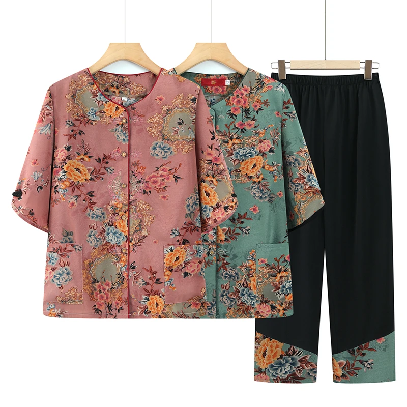奶奶夏装短袖2025新款老人衣服老年女装夏季套装妈妈衬衫洋气太太