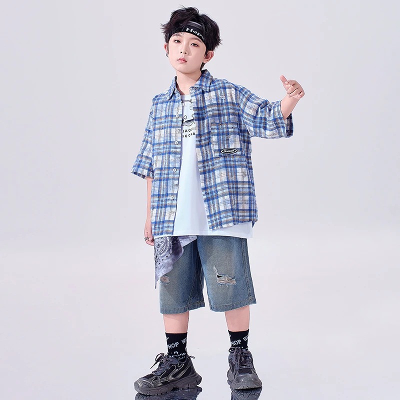 儿童街舞潮服男女童酷帅格子衬衫牛仔短裤breaking架子鼓表演出服