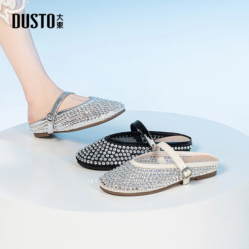 大东水钻法式包头半拖2025秋夏新款渔网镂空一字玛丽珍软底鞋0264