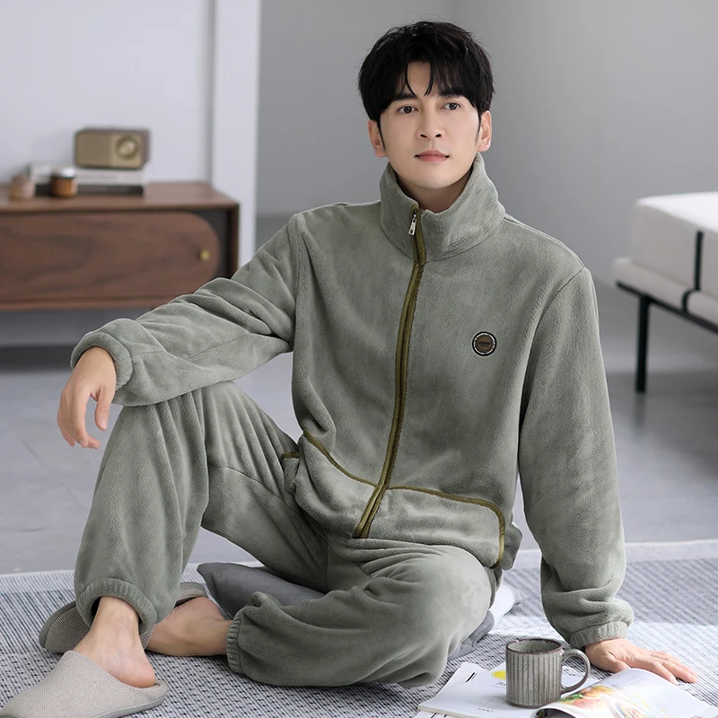 男士睡衣2025拉链暖绒男款套装秋冬季法兰绒可外穿高档立领家居服