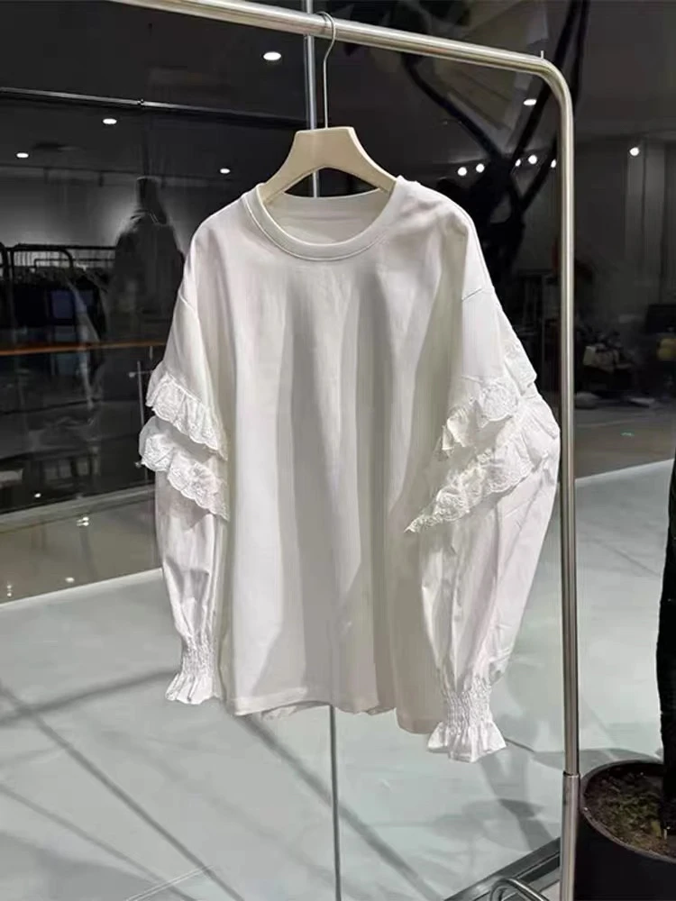 111 白色圆领蕾丝拼接T恤女2025春季新款宽松设计感荷叶边上衣